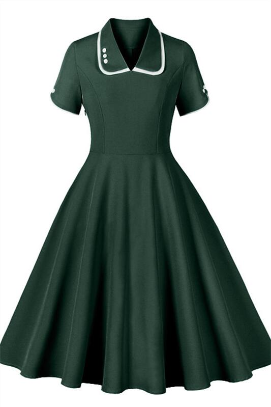 Green 1950s Button Front Short Sleeve Swing Dress