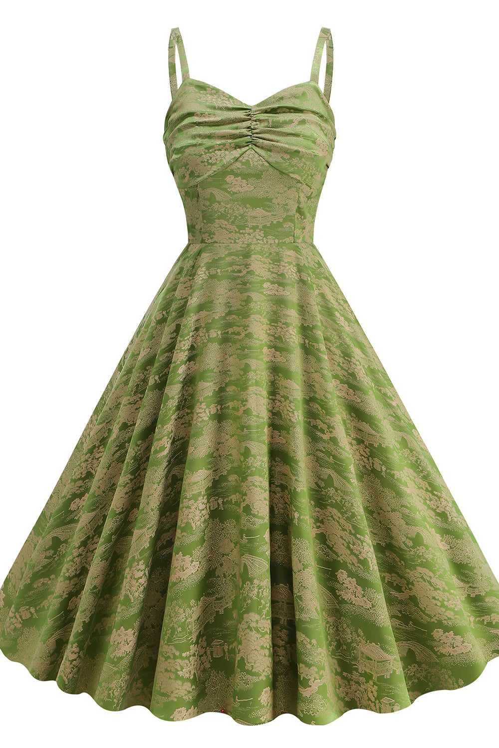 Green 1950s Jacquard Ruched Big Swing Dress