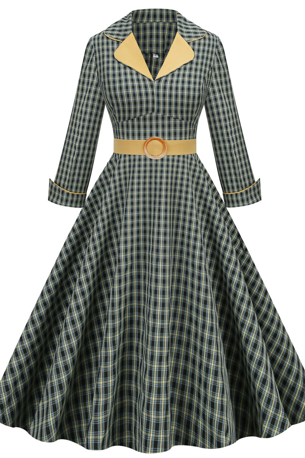 Green 1950s Plaid 3/4 Sleeve Big Swing Dress