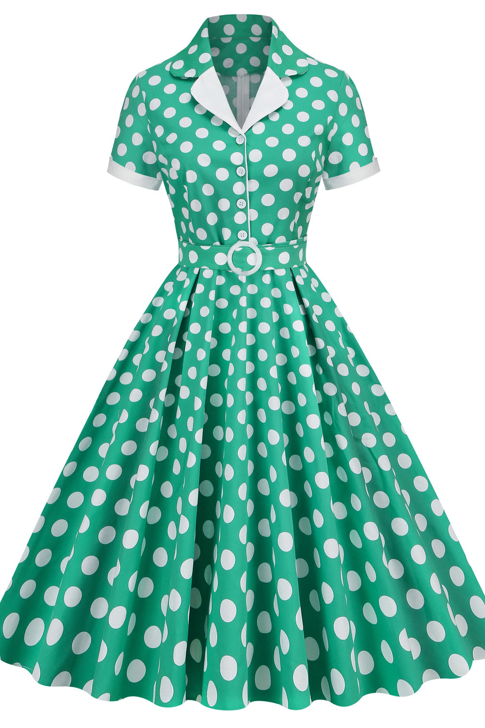 Green 1950s Polka Dots Pleated Swing Dress