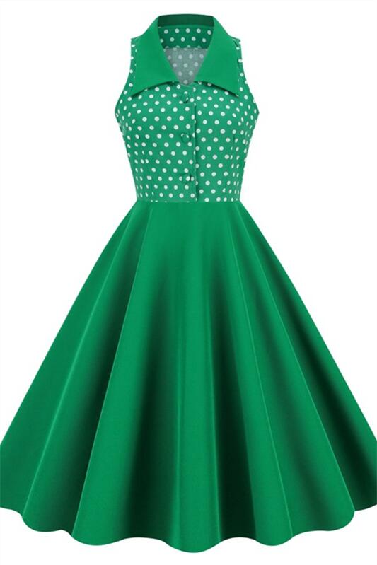 Green 1950s Polka Dots Vintage Dress With Button