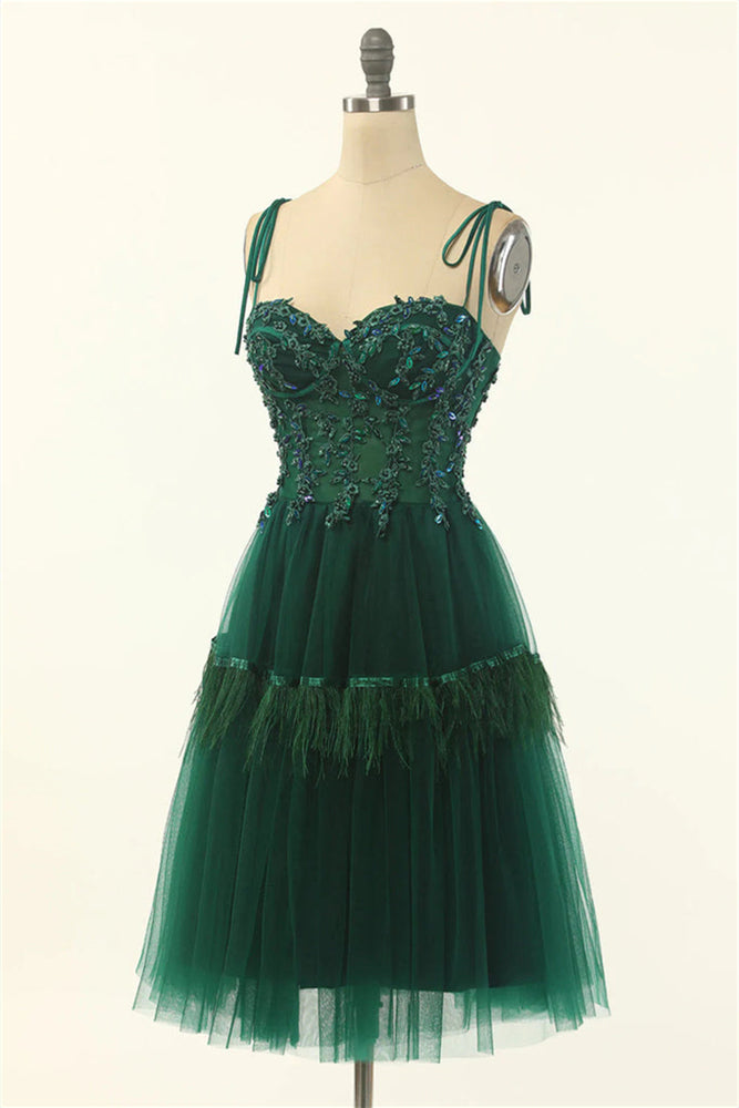 
                      
                        Green Appliques A-line Short Dress with Tie Shoulder
                      
                    