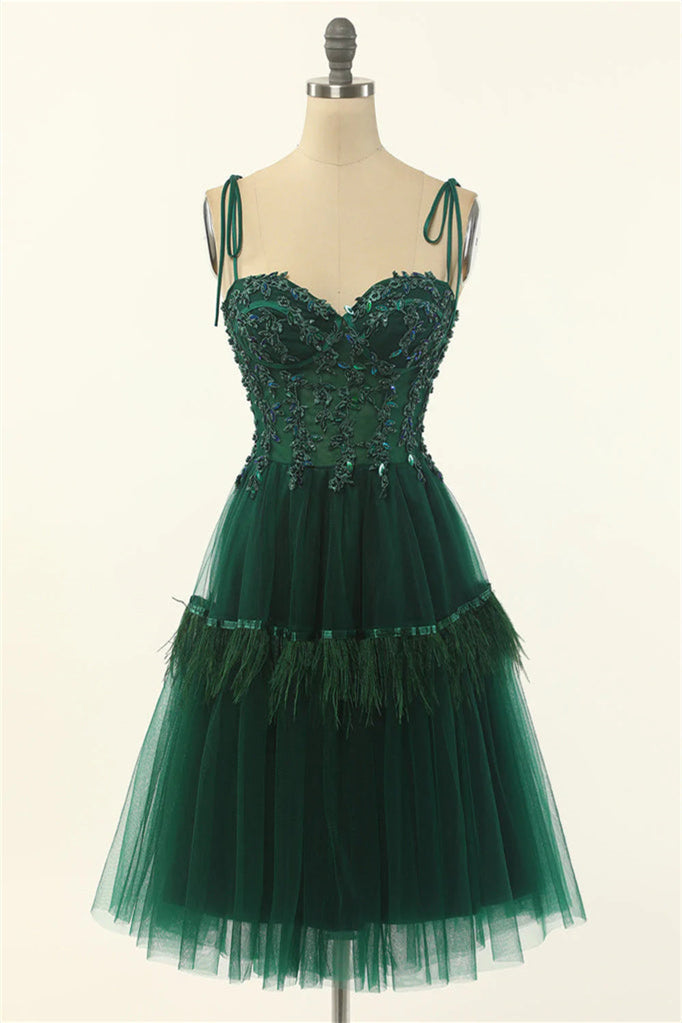 Green Appliques A-line Short Dress with Tie Shoulder