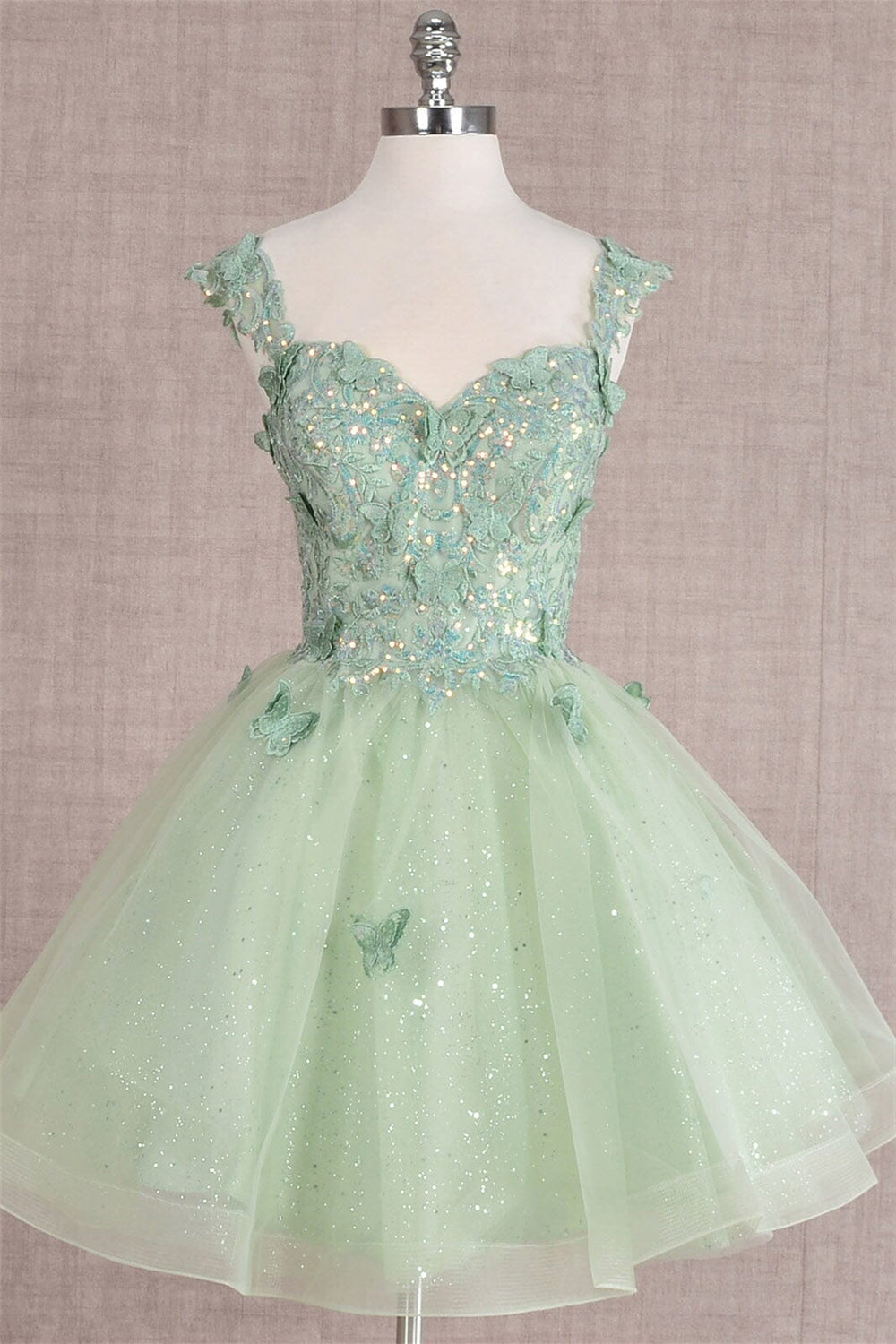 Green Butterfly Appliques A-line Short Dress