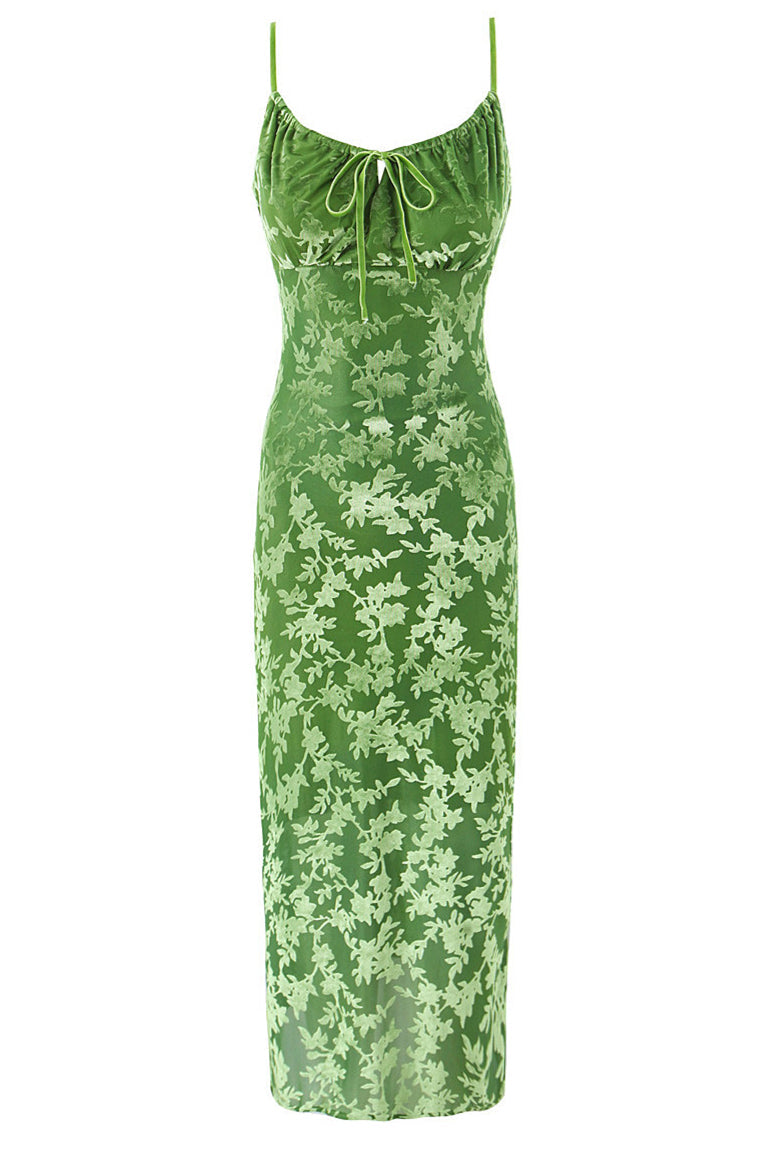 Green Flocking Tie Front Sheath Long Dress