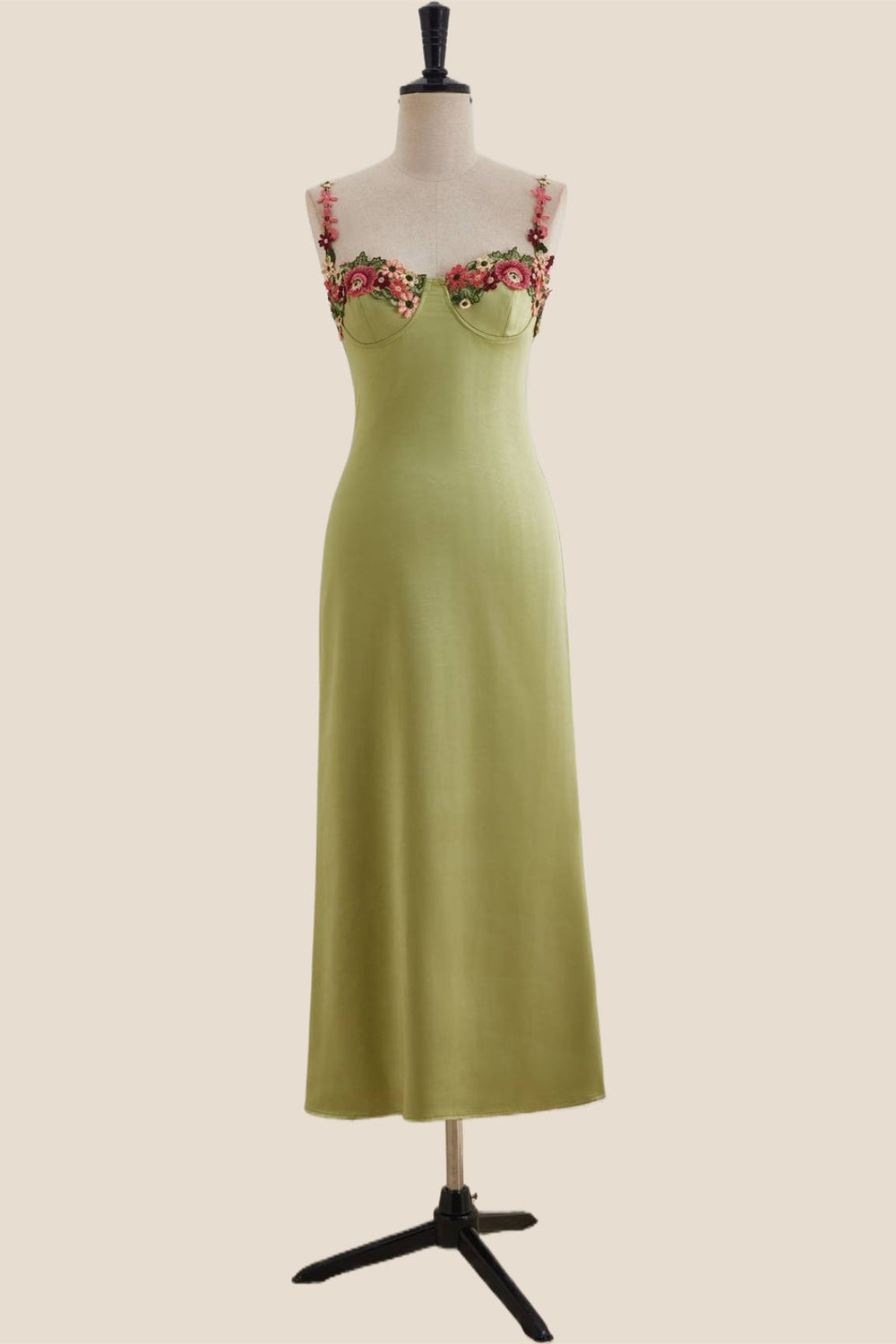 Green Floral Embroidery Sheath Long Dress