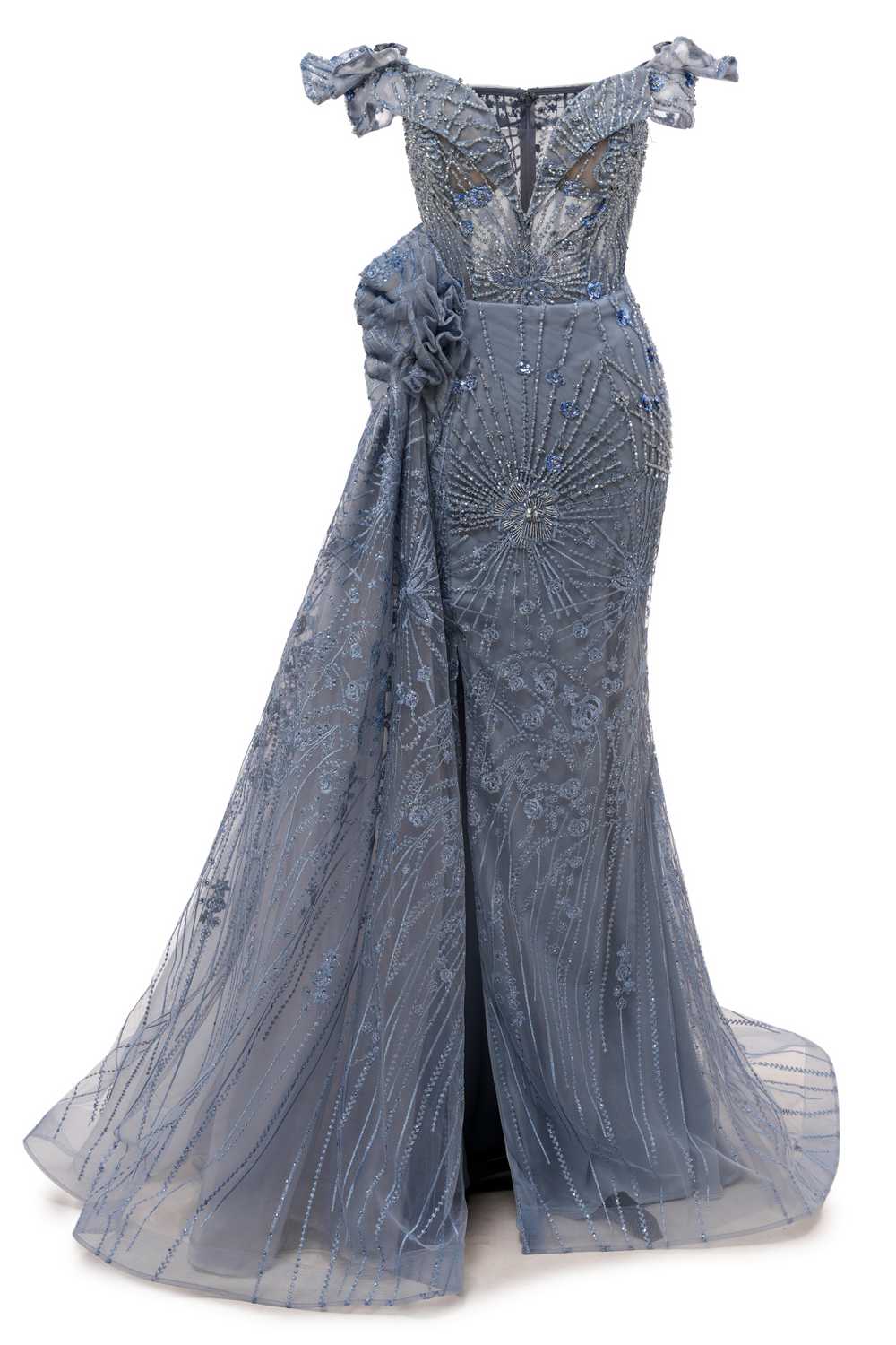 Grey Beaded Mermaid Long Dress with overskirt