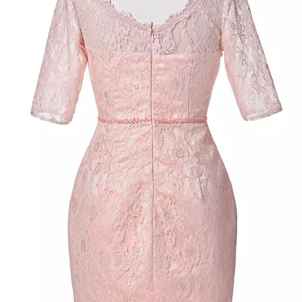 
                      
                        Half Sleeves Pink Lace Appliques Mother of the Bride Dress
                      
                    