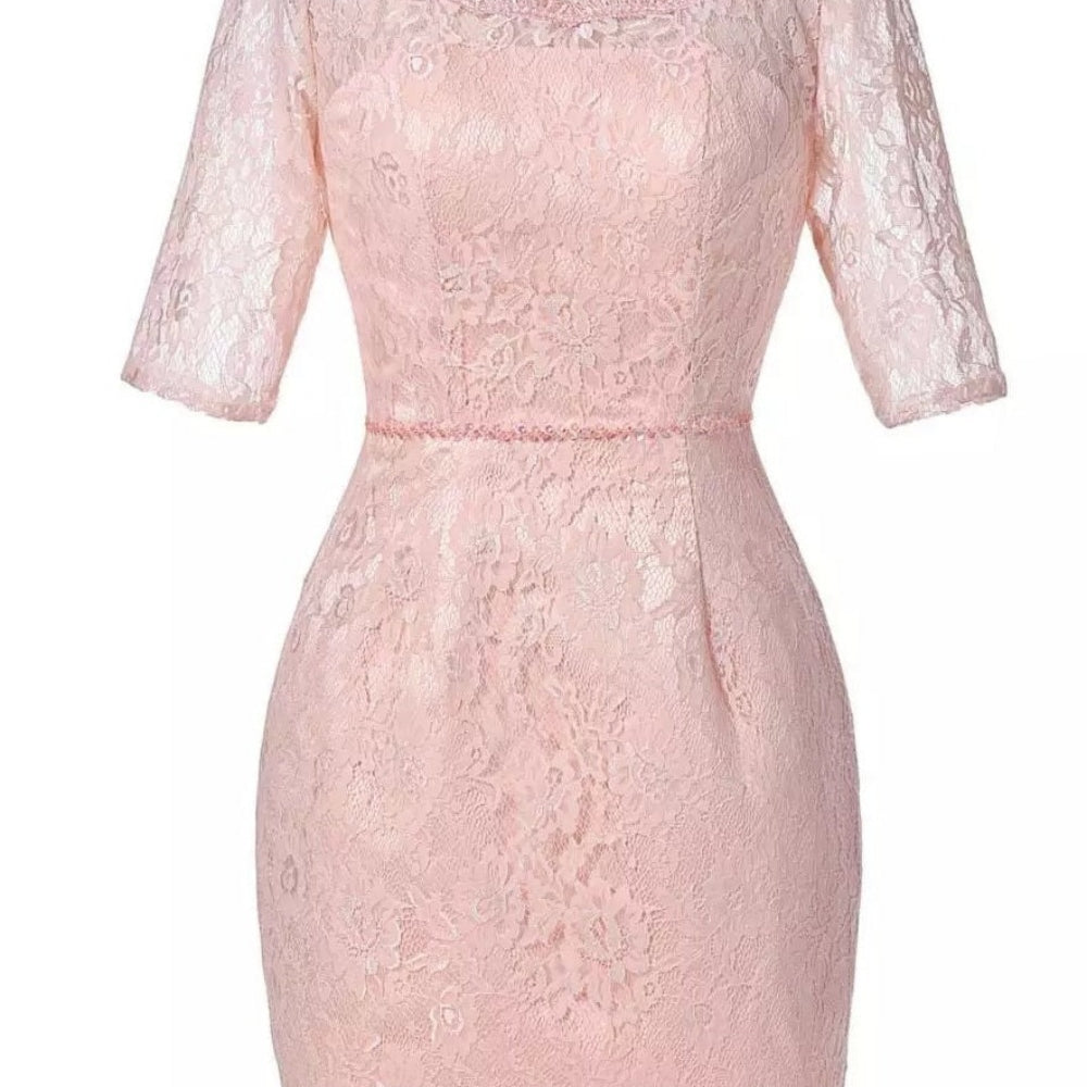 
                      
                        Half Sleeves Pink Lace Appliques Mother of the Bride Dress
                      
                    