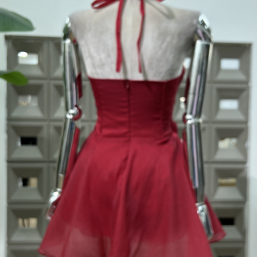 
                      
                        Halter Apricot Ruched A-line Short Dress with Keyholes
                      
                    