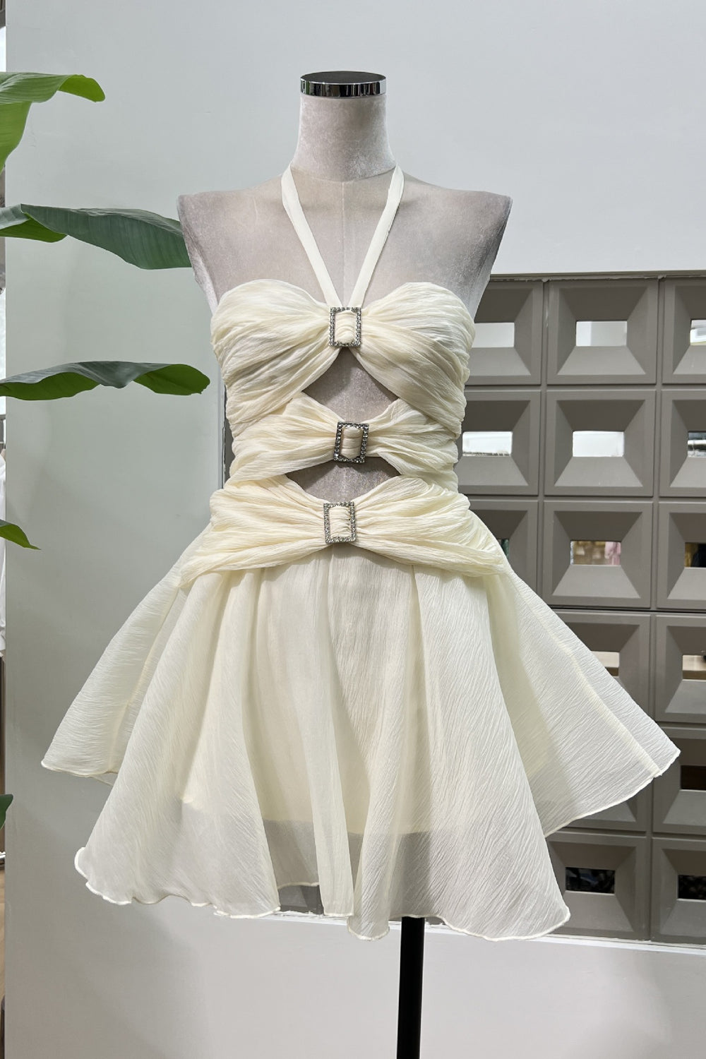 Halter Apricot Ruched A-line Short Dress with Keyholes