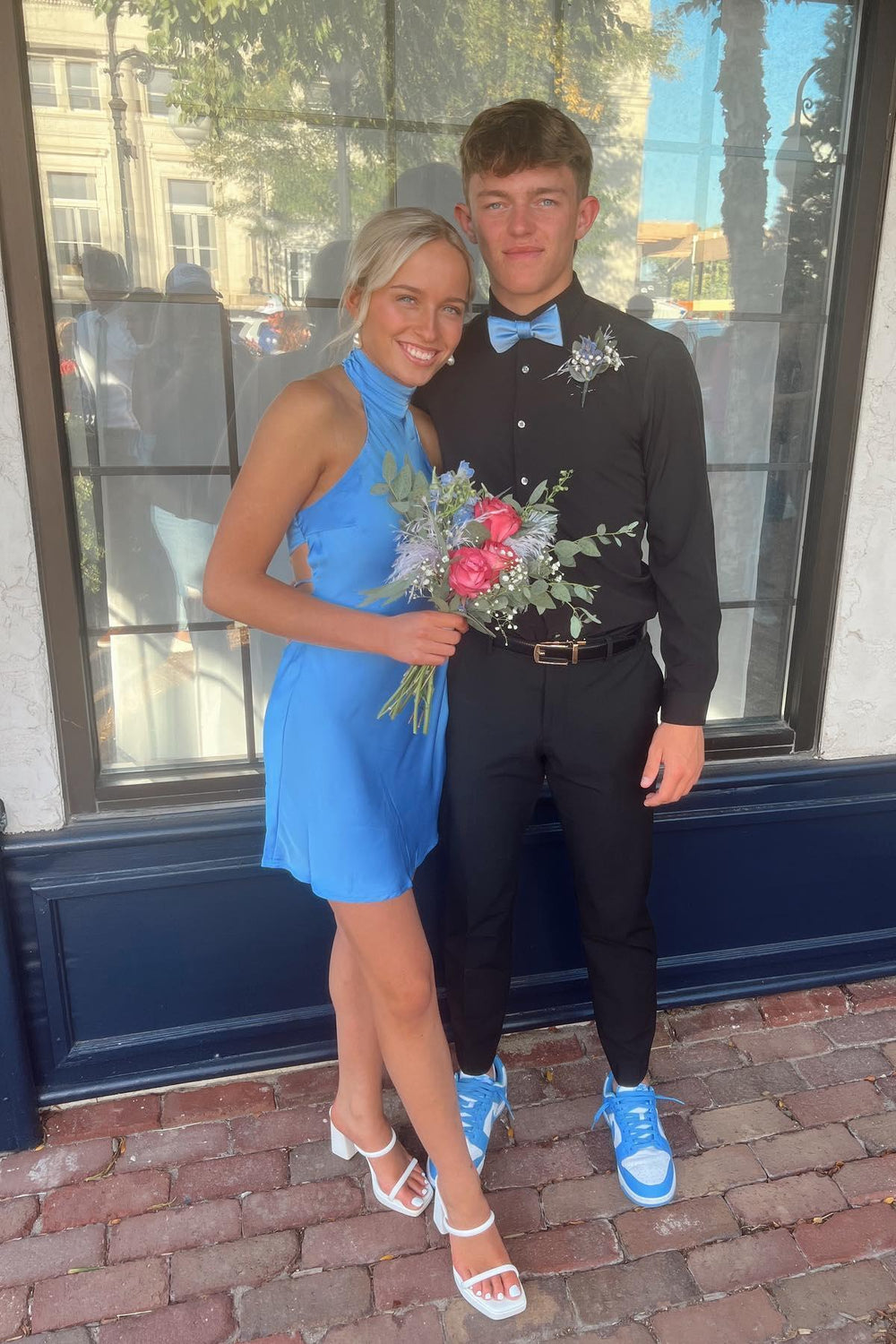 Halter Blue Back Tie A-line Short Dress