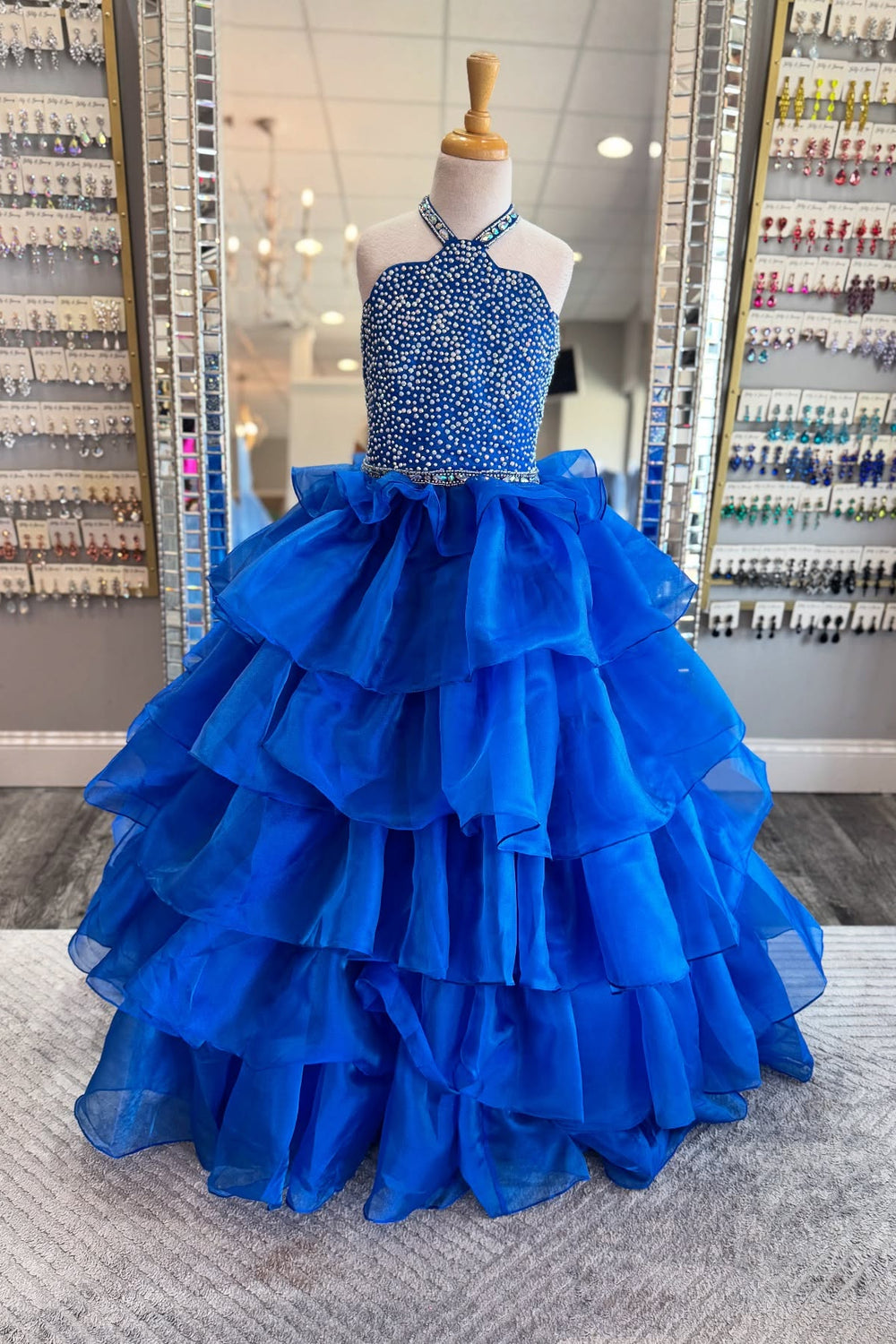Halter Blue Beaded Ruffle Tiered Girl Pageant Dress