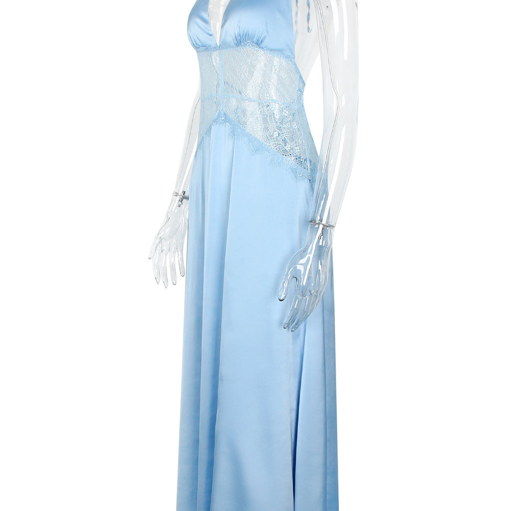 
                      
                        Halter Blue Lace Stitching A-line Long Dress
                      
                    