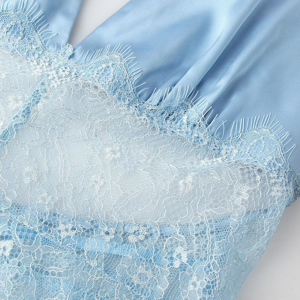 
                      
                        Halter Blue Lace Stitching A-line Long Dress
                      
                    