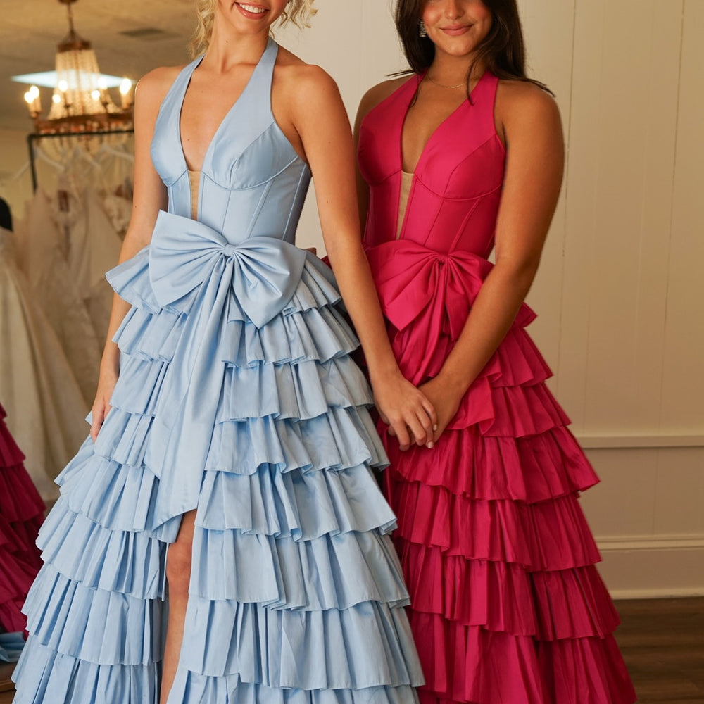 
                      
                        Halter Blue Tiered A-line Long Dress with Bow
                      
                    