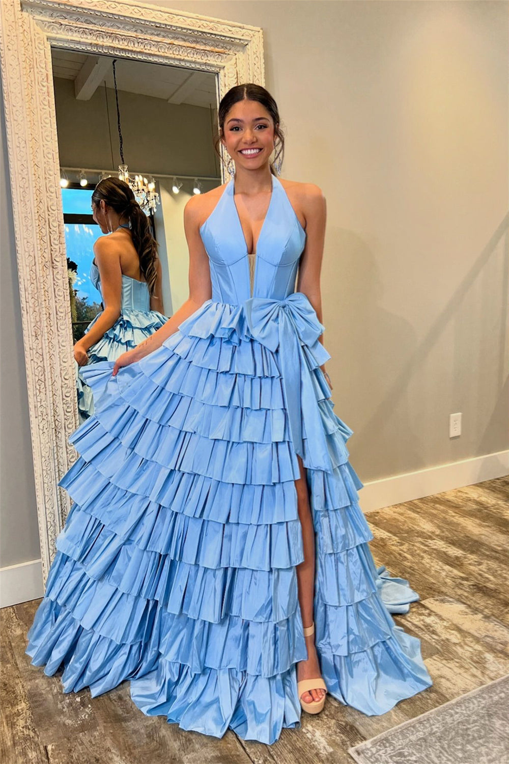 Halter Blue Tiered A-line Long Dress with Bow