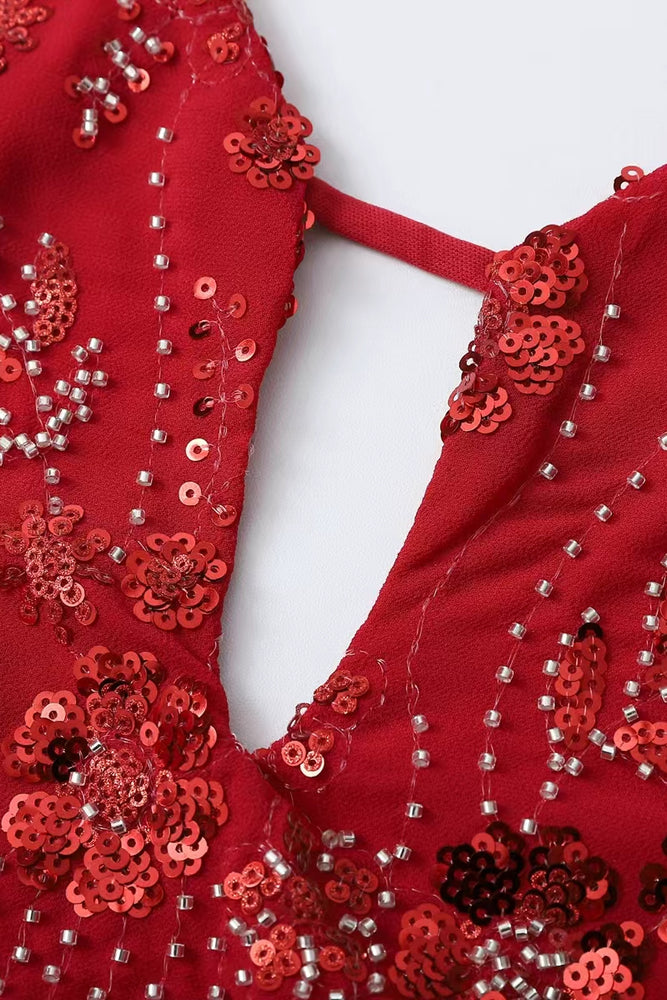 
                      
                        Halter Burgundy Floral Beaded Long Dress with Keyhole
                      
                    