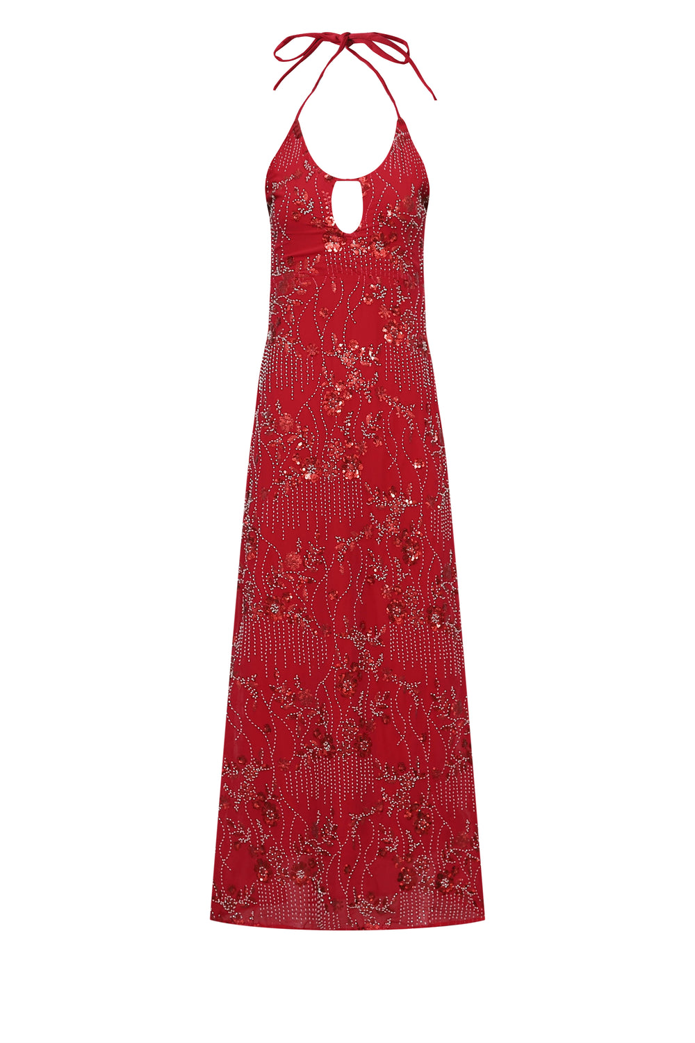Halter Burgundy Floral Beaded Long Dress with Keyhole