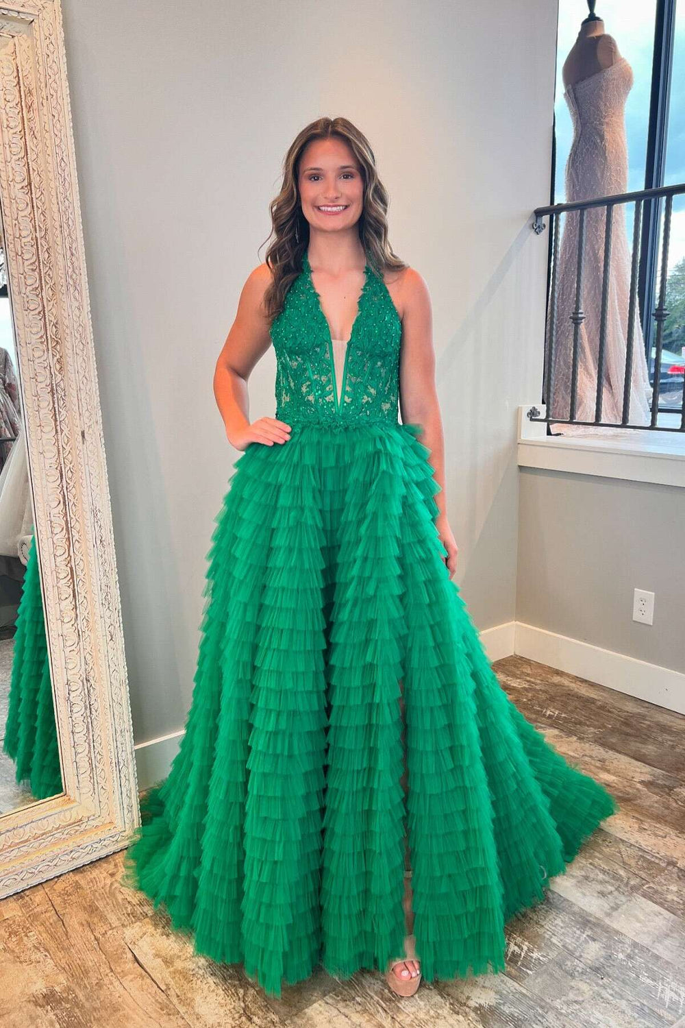 Halter Emerald Green Appliques Tiered Long Dress