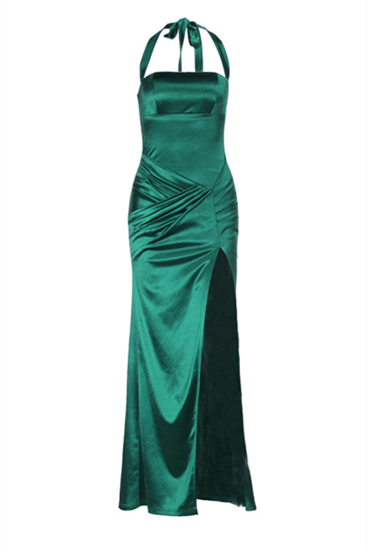 Halter Emerald Green Pleated Maxi Dress with Slit – PollyBoutique