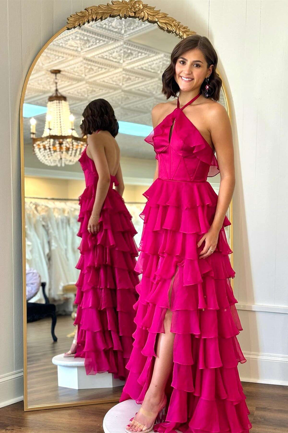 Halter Fuchsia Ruffle Tiered Long Dress with Slit