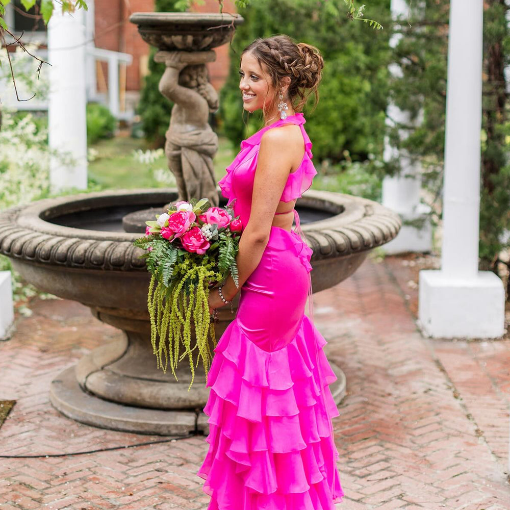 
                      
                        Halter Fuchsia Ruffle Tiered Long Dress with Slit
                      
                    