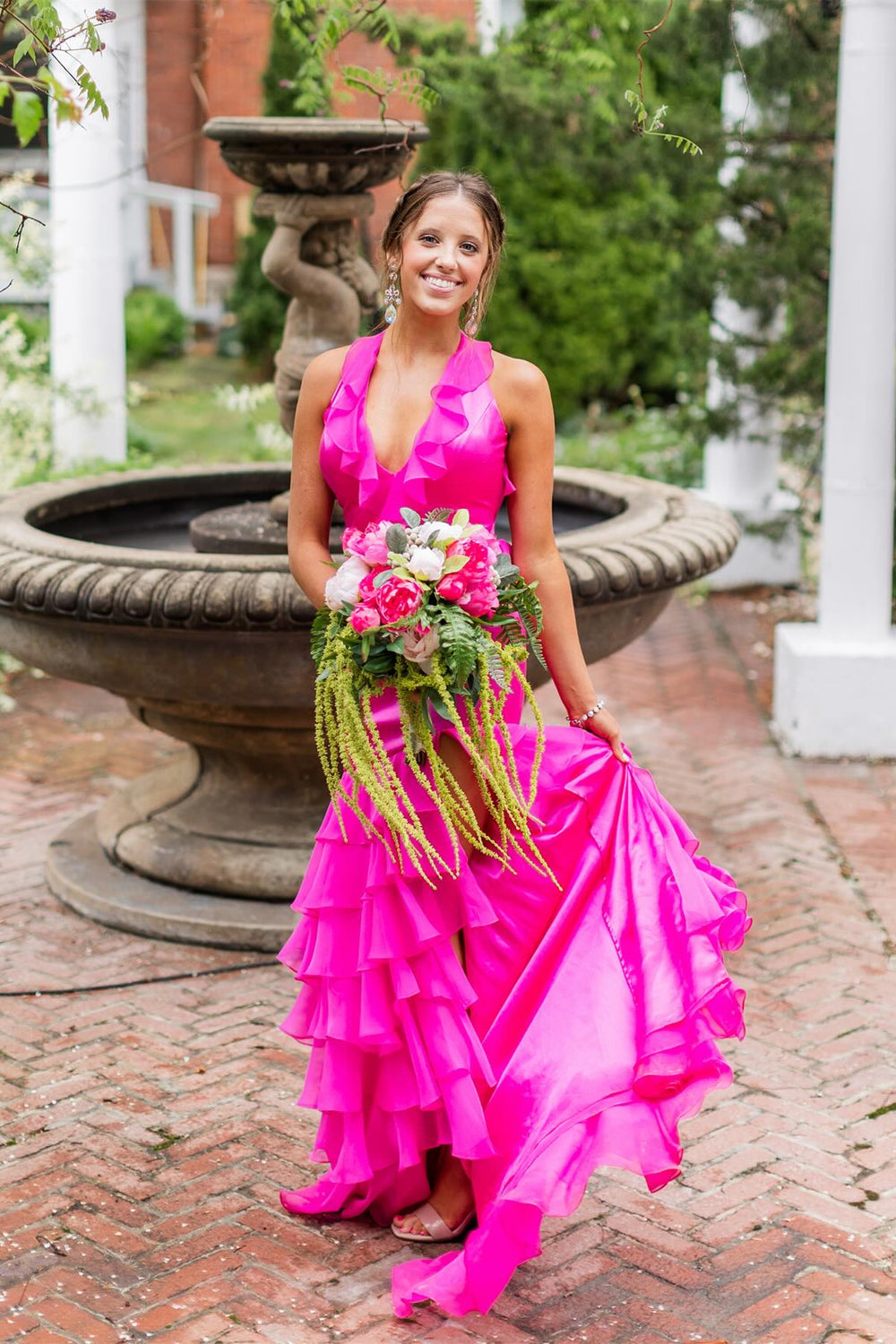Halter Fuchsia Ruffle Tiered Long Dress with Slit