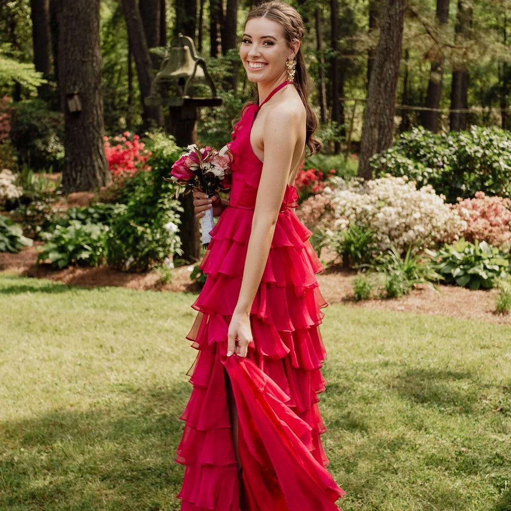 
                      
                        Halter Fuchsia Ruffle Tiered Long Dress with Slit
                      
                    