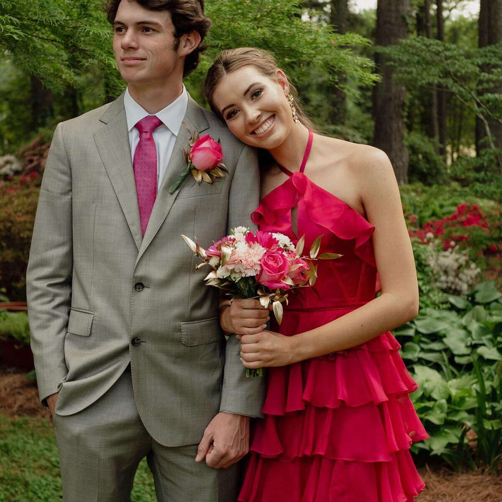 
                      
                        Halter Fuchsia Ruffle Tiered Long Dress with Slit
                      
                    