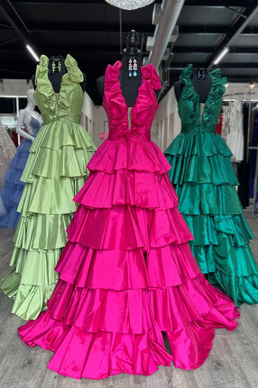 Halter Fuchsia Ruffle Tiered Long Prom Dress