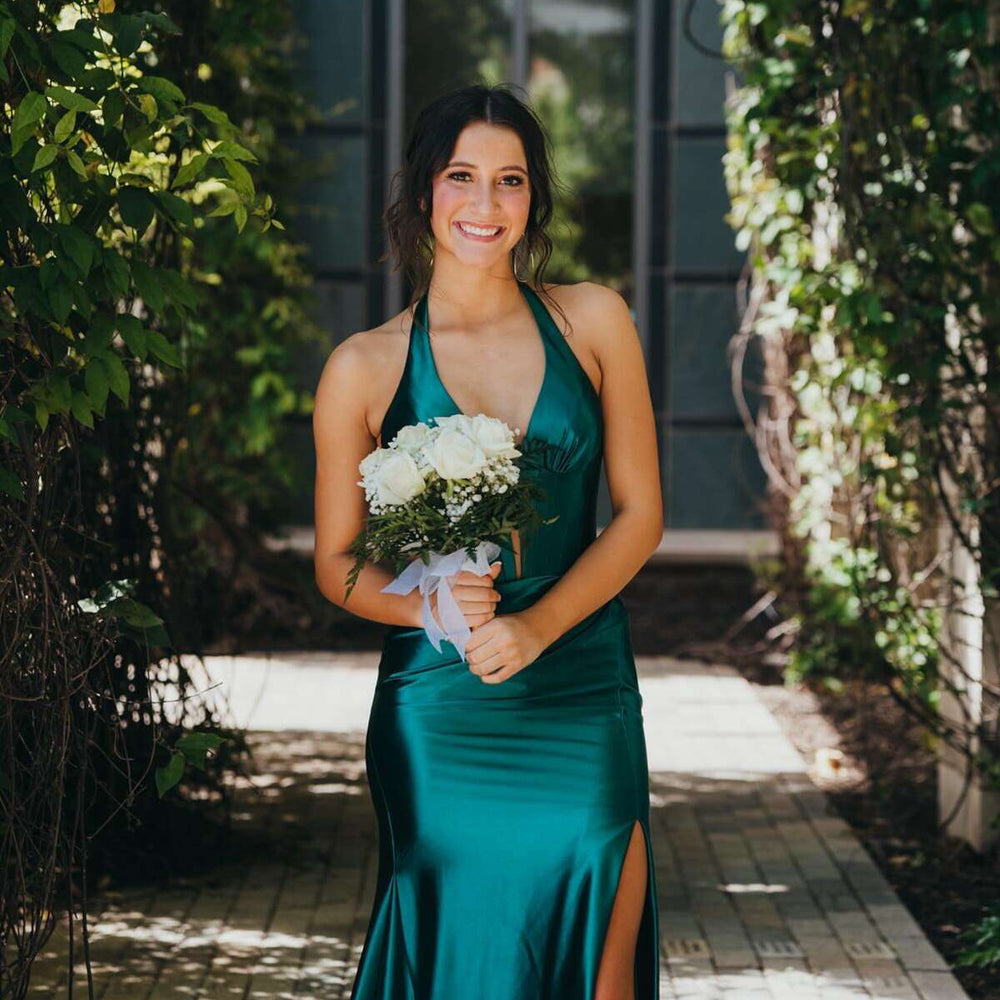 
                      
                        Halter Green Ruched Mermaid Lond Dress with Slit
                      
                    