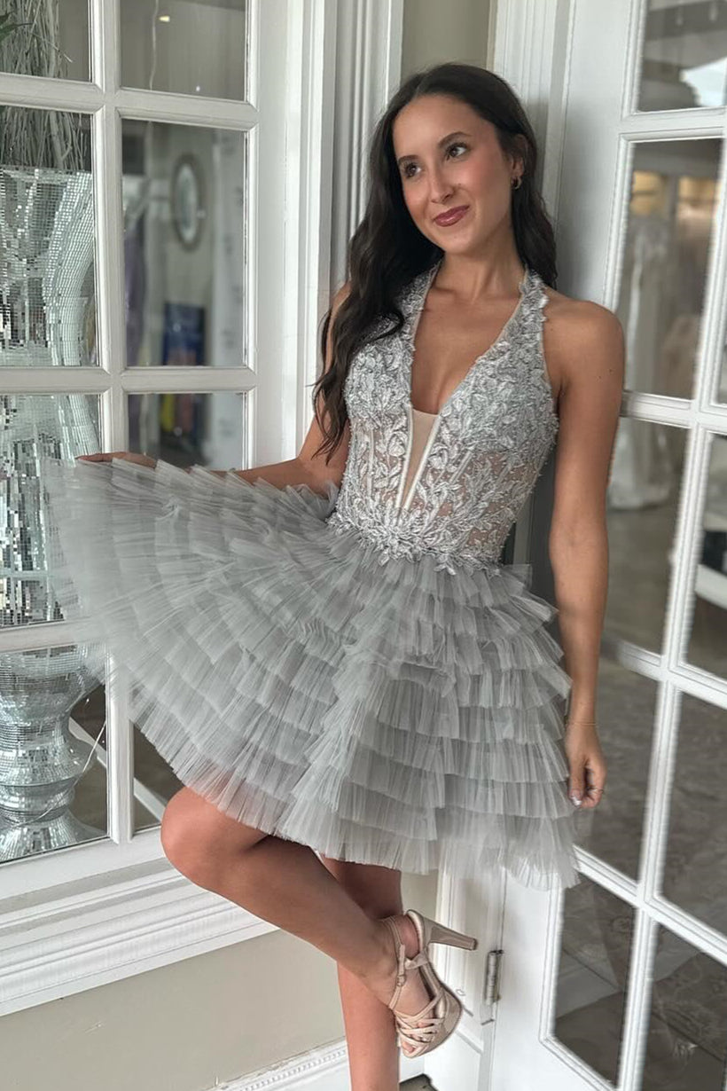 Halter Grey Appliques Ruffle A-line Short Dress