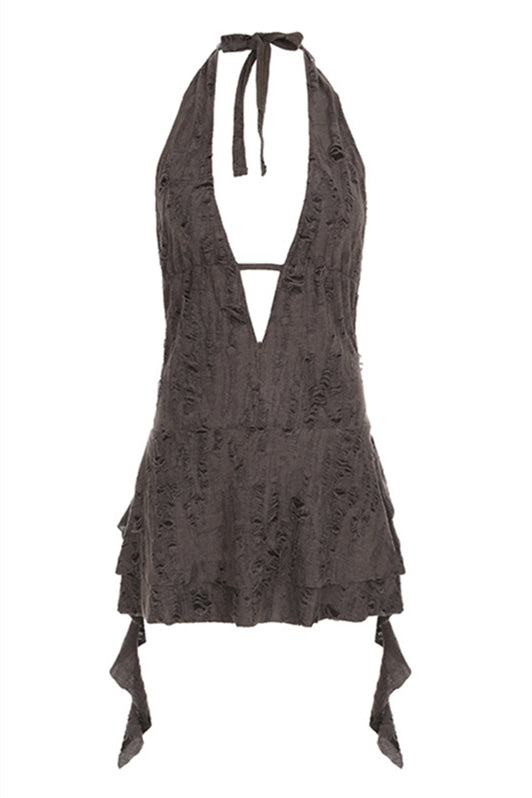 Halter Grey Ruffle Tiered Short Dress with Keyhole