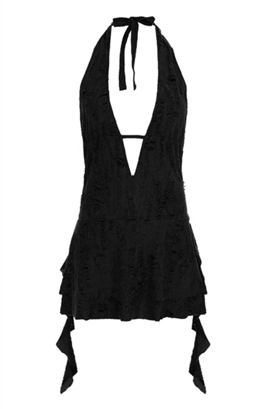 
                      
                        Halter Grey Ruffle Tiered Short Dress with Keyhole
                      
                    