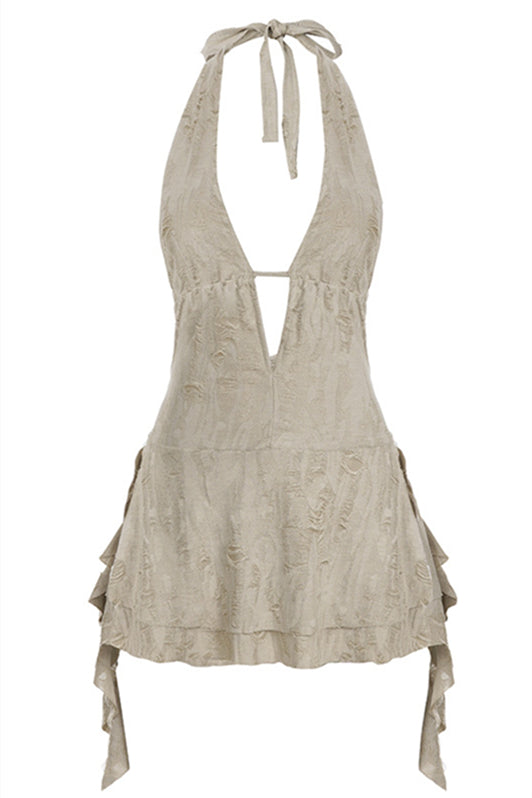 
                      
                        Halter Grey Ruffle Tiered Short Dress with Keyhole
                      
                    