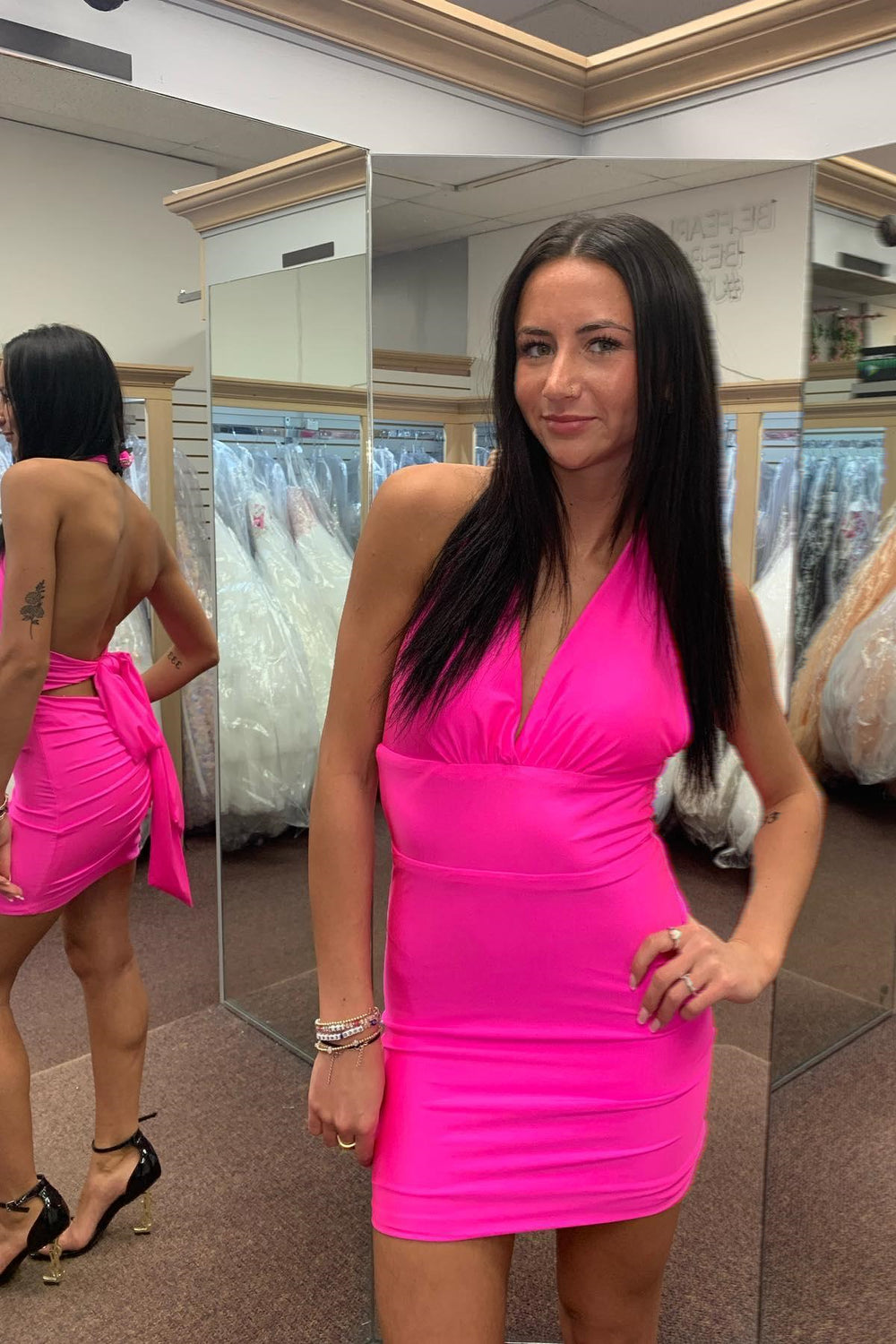 Halter Hot Pink Back Tie Bodycon Short Dress