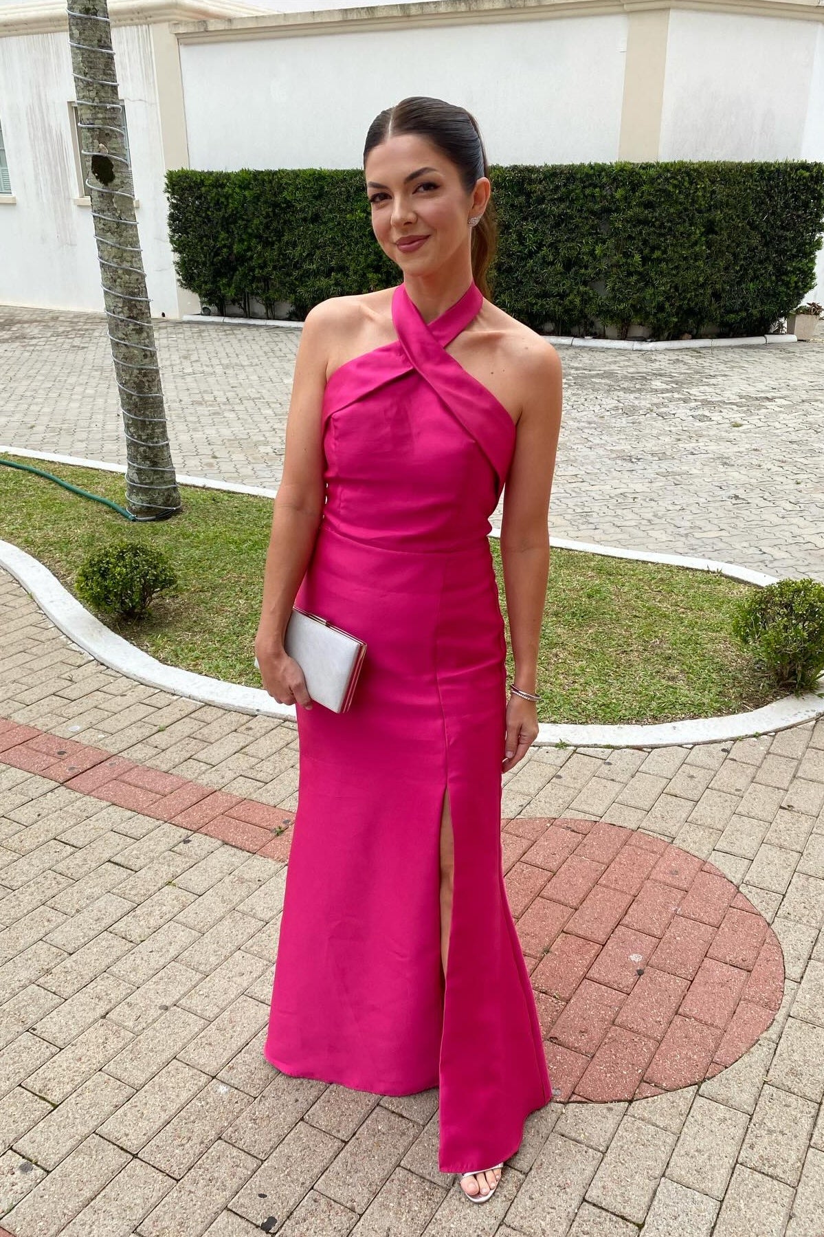 Halter Hot Pink Bridesmaid Dress with Slit – PollyBoutique