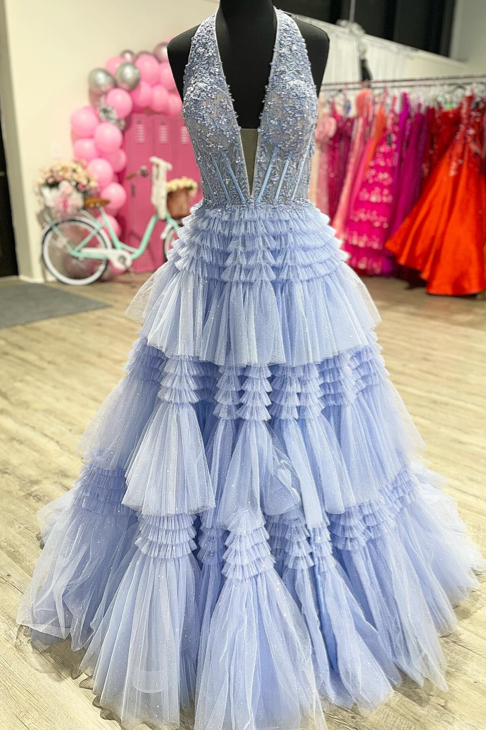 Halter Periwinkle Appliques Tiered A-line Long Dress