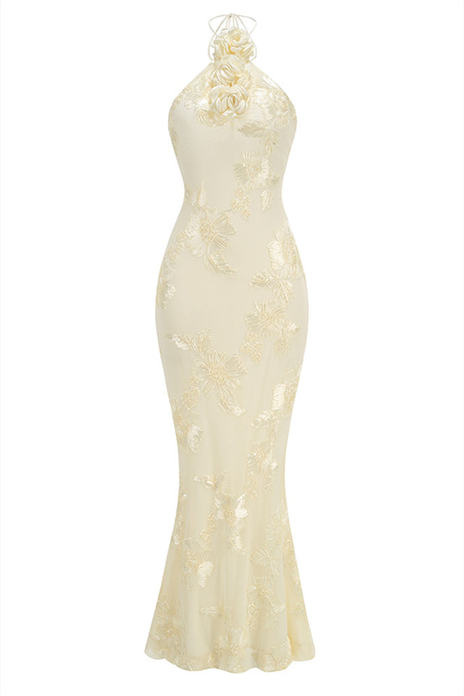 Halter Lemon Floral Appliques Maxi Dress with Rosette