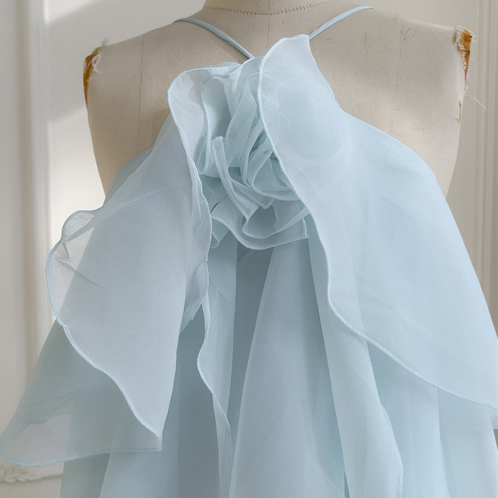
                      
                        Halter Light Blue Ruffle Tiered Long Dress with Rosette
                      
                    