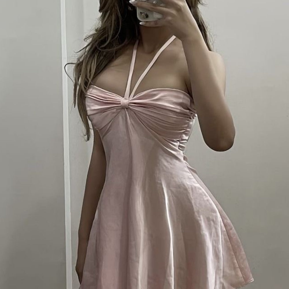 
                      
                        Halter Light Pink Ruched Bust A-line Short Dress
                      
                    