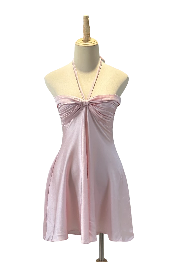 Halter Light Pink Ruched Bust A-line Short Dress