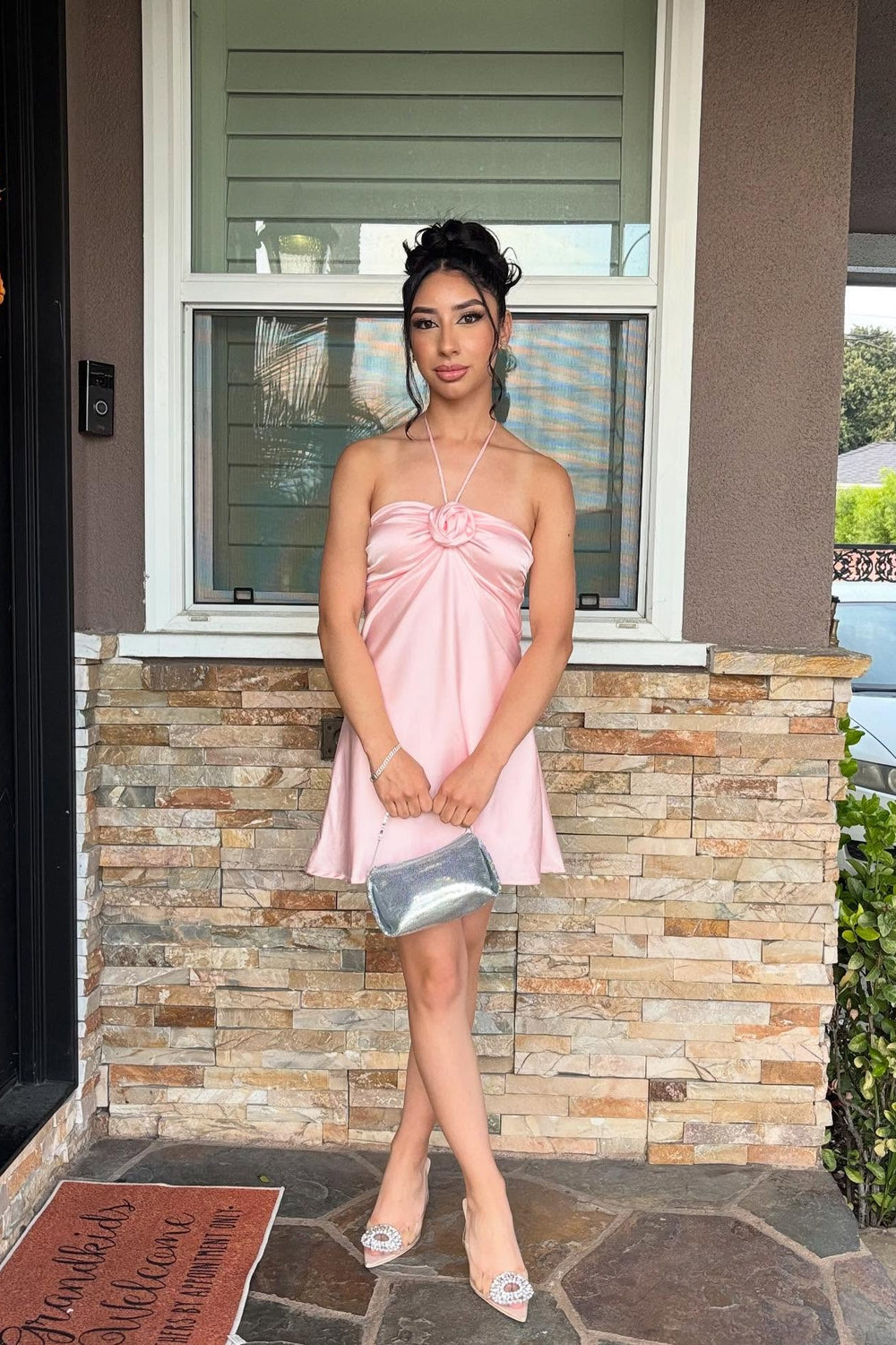 Halter Light Pink Ruched Bust Short Dress with Rosette