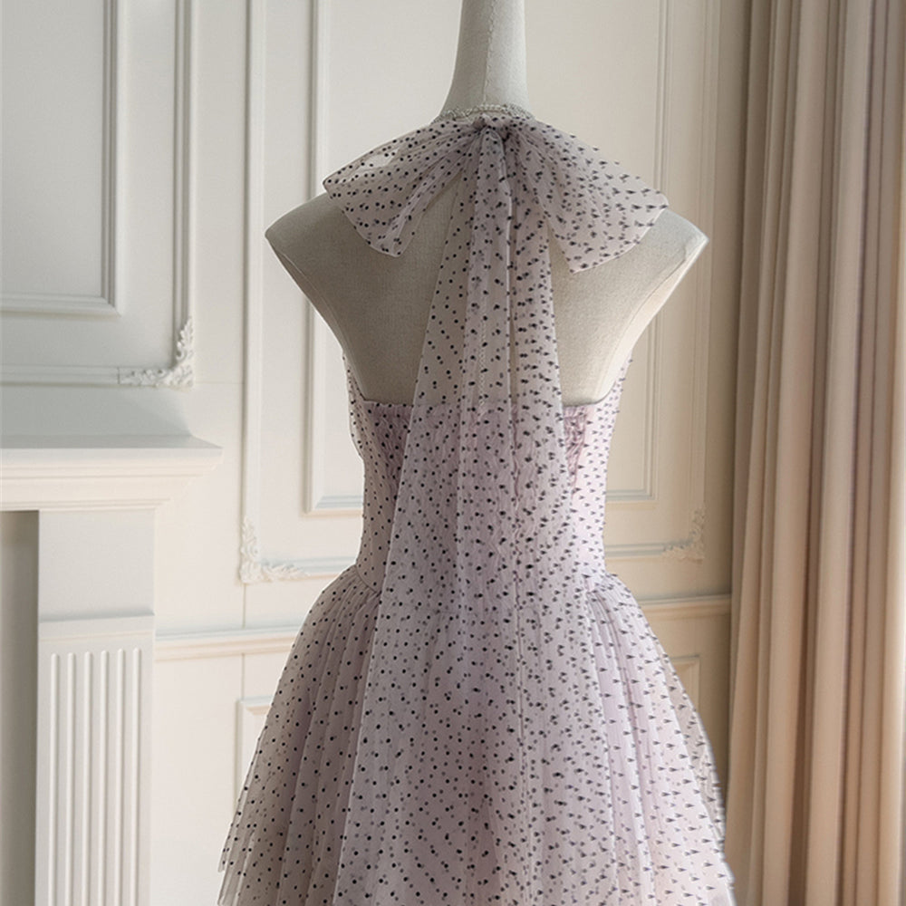 
                      
                        Halter Light Purple Polka Dots Tiered Long Dress
                      
                    