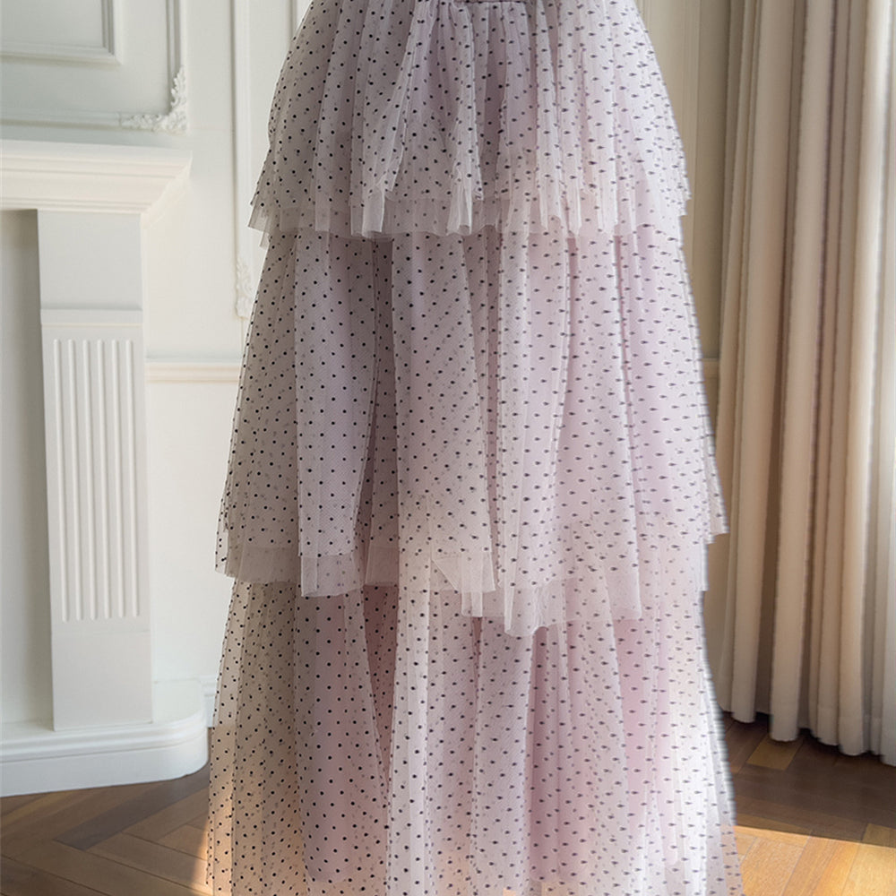 
                      
                        Halter Light Purple Polka Dots Tiered Long Dress
                      
                    