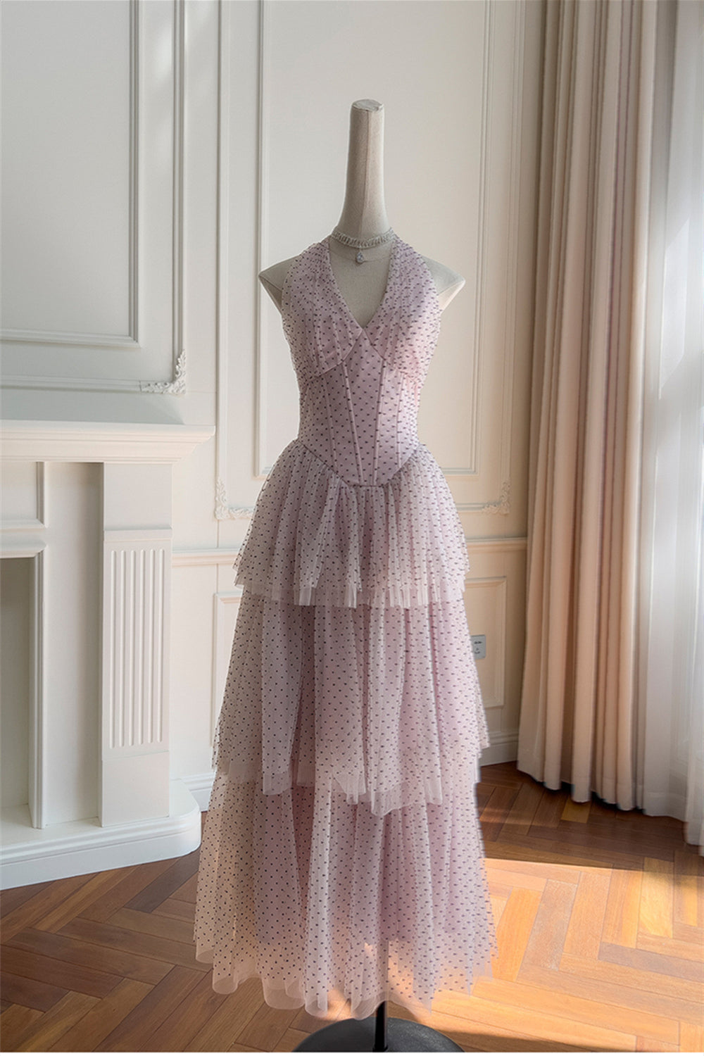 Halter Light Purple Polka Dots Tiered Long Dress