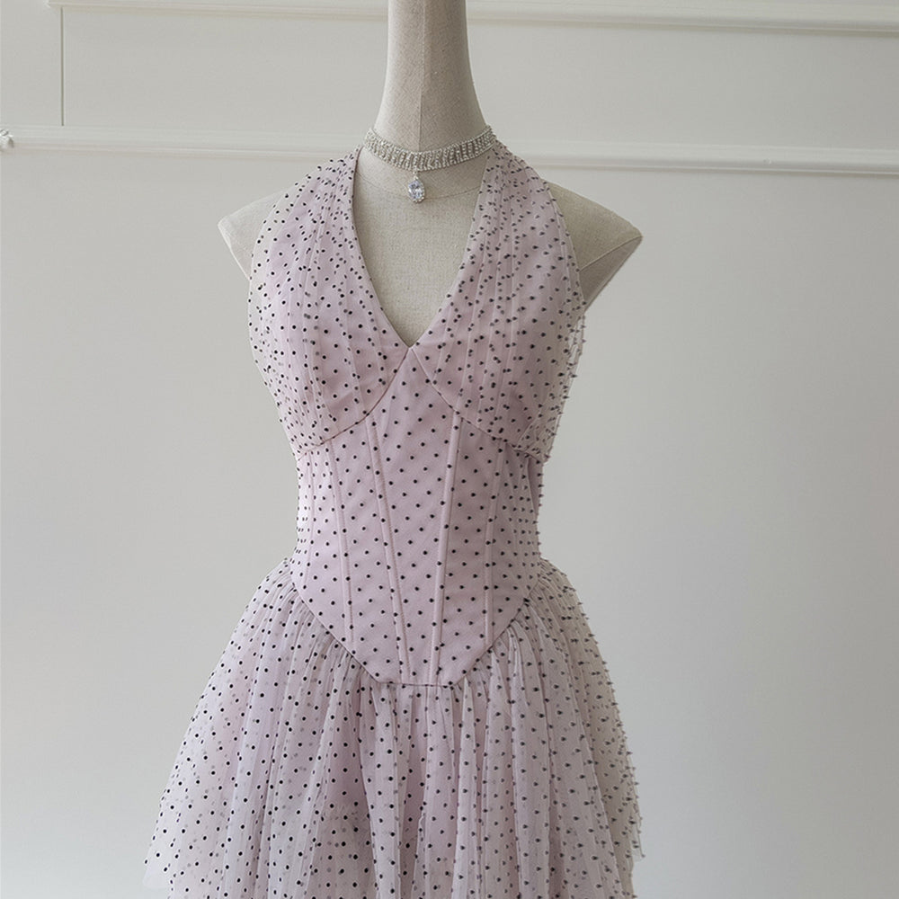 
                      
                        Halter Light Purple Polka Dots Tiered Long Dress
                      
                    