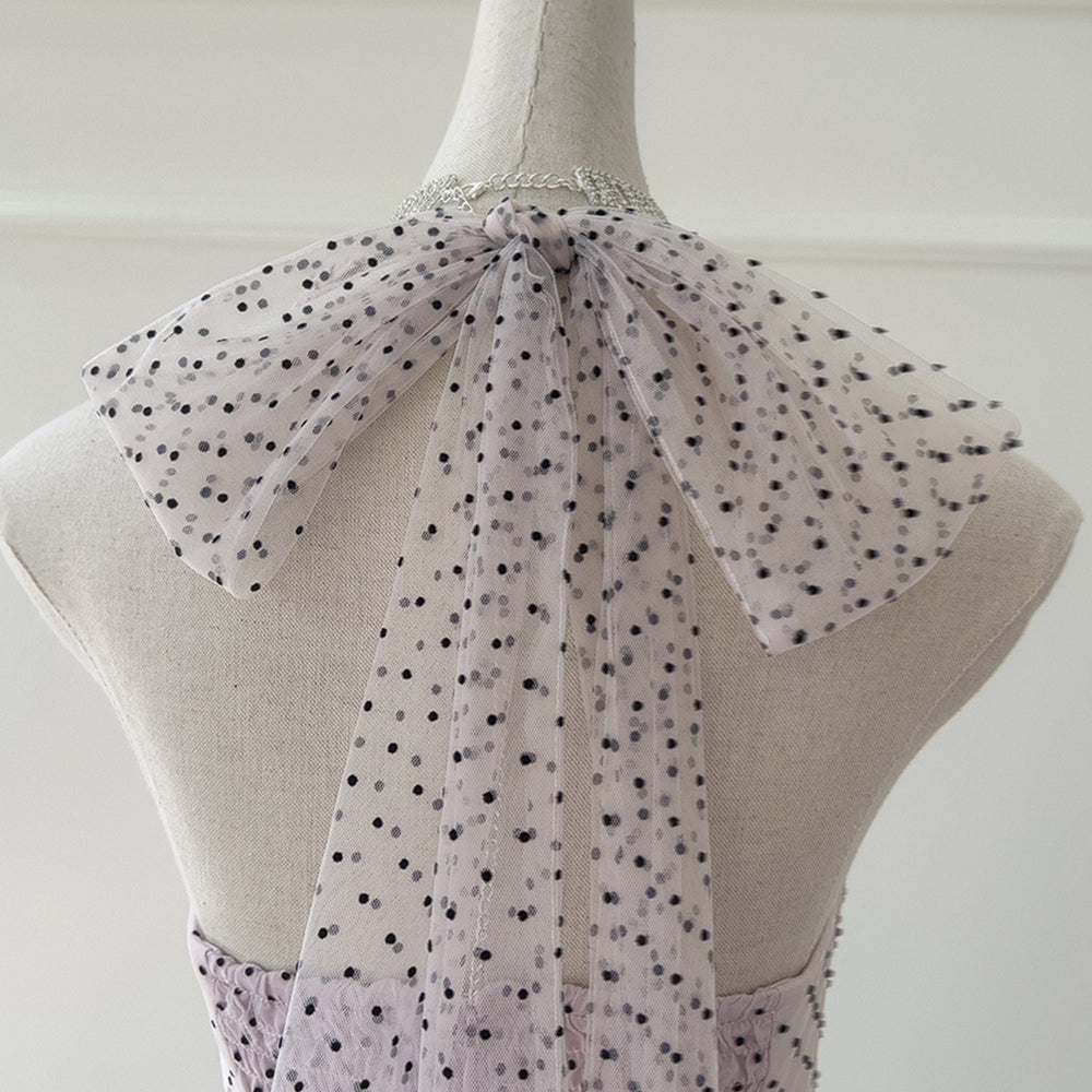 
                      
                        Halter Light Purple Polka Dots Tiered Long Dress
                      
                    