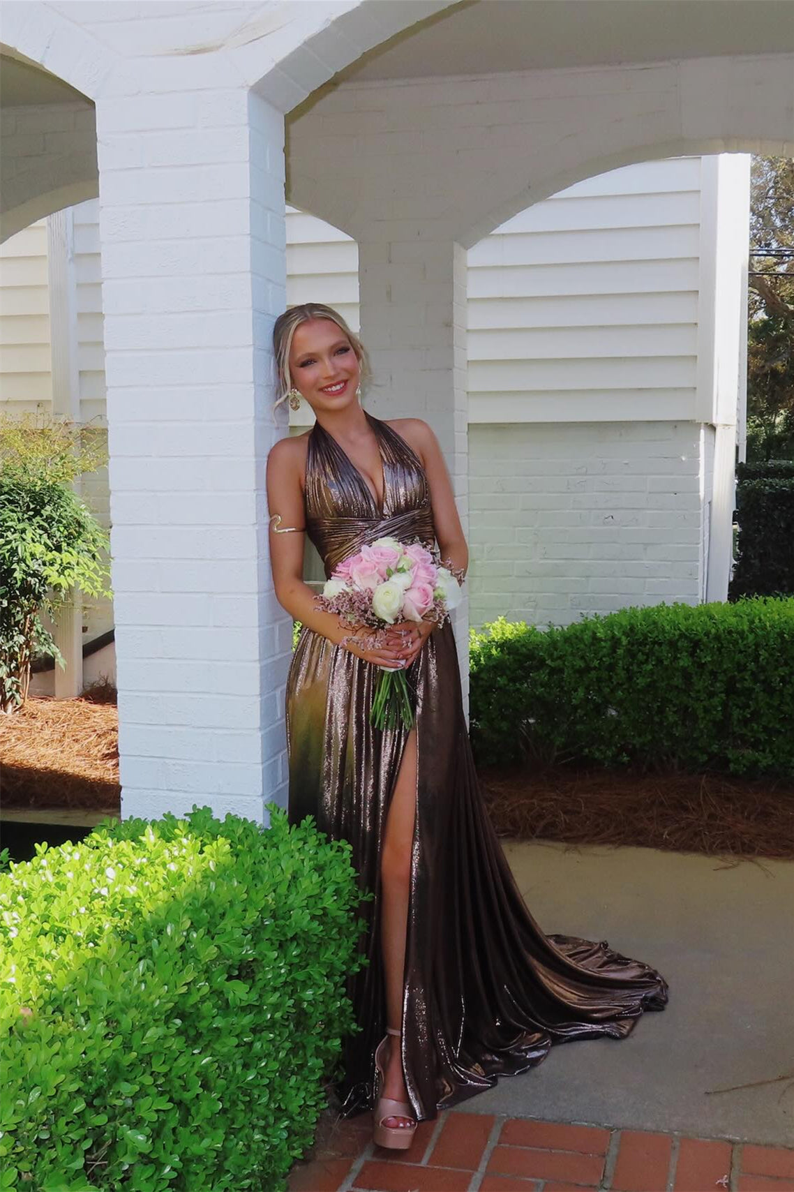 Halter Metallic Pleated Long Dress with Slit